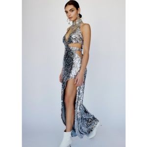 Gorgeous for love and lemons silver metallic long slip dress